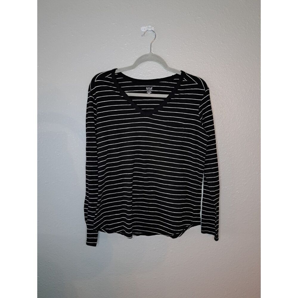 a.n.a. Women's Black and White Striped Long Sleeve T-Shirt Size Medium